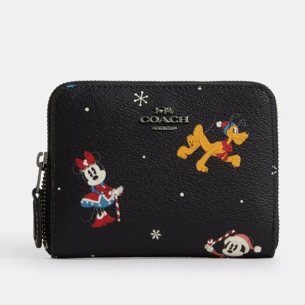 Disney X Coach Small Zip Around Wallet With Holiday Print